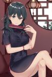  1girl alternate_costume bangs black_dress black_hair blue_eyes blurry blurry_foreground bracelet breasts byleth_(fire_emblem) byleth_eisner_(female) china_dress chinese_clothes closed_fan commentary_request crossed_legs dress fan fire_emblem fire_emblem:_three_houses folding_fan hair_between_eyes hand_up haru_(nakajou-28) highres holding holding_fan indoors jewelry large_breasts long_hair looking_at_viewer parted_lips shiny shiny_skin short_sleeves side_slit sidelocks sitting solo thighs 