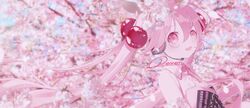  1girl blue_sky blurry blurry_background cherry_blossoms cherry_hair_ornament commentary detached_sleeves flower_in_eye food_themed_hair_ornament hair_between_eyes hair_ornament hands_on_own_chest hands_up hatsune_miku headset long_hair necktie petals pink_eyes pink_hair pink_neckwear pink_sleeves pink_theme renren_(pixiv22963369) sakura_miku signature sky solo symbol_commentary symbol_in_eye twintails upper_body vocaloid 