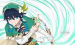  1boy androgynous bangs beret black_hair blue_hair bow bow_(weapon) braid cape collared_cape collared_shirt corset eyebrows_visible_through_hair feathers flower frilled_sleeves frills genshin_impact gradient_hair green_eyes green_headwear hakura_akiko hat hat_flower highres holding holding_bow_(weapon) holding_weapon leaf long_sleeves male_focus multicolored_hair shirt short_hair_with_long_locks simple_background smile solo twin_braids venti_(genshin_impact) vision_(genshin_impact) weapon white_flower white_shirt wind 
