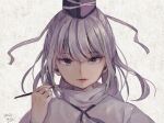  1girl bangs dated eyebrows_behind_hair face grey_background grey_eyes hand_up hat holding holding_paintbrush japanese_clothes kariginu lips long_hair looking_at_viewer m_(neteitai10) mononobe_no_futo paintbrush parted_lips ponytail silver_hair simple_background solo swept_bangs tate_eboshi touhou upper_body 
