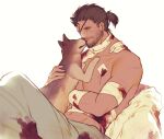  1boy amputee animal bandages blood bloody_bandages blue_eyes brown_hair collarbone diamond_dog dog eboda-x eyepatch facial_hair highres holding holding_animal holding_dog horns licking looking_at_animal male_focus mature_male metal_gear_(series) metal_gear_solid_v navel ponytail puppy scar scar_across_eye scar_on_arm scar_on_cheek scar_on_face scar_on_nose shirtless short_hair simple_background single_horn solo venom_snake white_background 