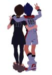  2boys arm_around_shoulder arm_up black_shorts brown_footwear brown_hair dark_skin dark_skinned_male from_behind highres hop_(pokemon) leggings male_focus multiple_boys na1_pkmn number pokemon pokemon_(game) pokemon_swsh purple_hair shirt shoes short_hair short_sleeves shorts socks standing victor_(pokemon) w white_footwear white_legwear 