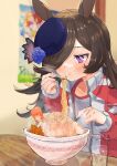  1girl :o animal_ears bangs black_hair blowing blue_flower blue_rose blurry blurry_background blush bowl carrot chopsticks commentary_request cup depth_of_field eating flower food hair_over_one_eye highres holding holding_chopsticks horse_ears horse_girl indoors jacket long_hair nanaco_41n noodles open_clothes open_jacket pork purple_headwear ramen red_jacket rice_shower_(umamusume) rose shirt solo steam sweat table umamusume violet_eyes white_shirt 