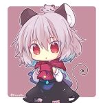  1girl animal_ear_fluff animal_ears animal_on_head biyon black_dress bloomers capelet chibi commentary_request cowboy_shot dress grey_hair jewelry long_sleeves lowres mouse mouse_ears mouse_on_head mouse_tail nazrin on_head pendant red_eyes red_scarf scarf shirt short_hair simple_background solo star_(symbol) tail touhou twitter_username underwear white_shirt 