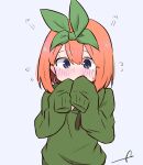  1girl bangs blue_eyes blush covered_mouth drawstring eyebrows_behind_hair flying_sweatdrops go-toubun_no_hanayome green_hoodie green_ribbon grey_background hair_between_eyes hair_ribbon hands_up hood hood_down hoodie kujou_karasuma long_sleeves nakano_yotsuba orange_hair ribbon signature simple_background sleeves_past_fingers sleeves_past_wrists solo sweat upper_body 