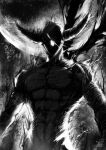  1boy abs artist_name backlighting garou_(one-punch_man) greyscale highres horns male_focus monochrome muscular muscular_male one-punch_man revision shaded_face signature solo spoilers the_golden_smurf upper_body 