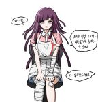  1girl apron bandaged_arm bandaged_leg bandages bandaid bandaid_on_knee bangs blue_skirt blunt_bangs blush breasts chair dangan_ronpa_(series) dangan_ronpa_2:_goodbye_despair foreshortening highres korean_text long_hair looking_at_viewer mole mole_under_eye no_(xpxz7347) nurse open_mouth pale_skin puffy_short_sleeves puffy_sleeves purple_hair shirt short_sleeves simple_background sitting skirt solo speech_bubble sweat translation_request tsumiki_mikan uniform violet_eyes white_apron white_background 