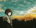  1girl brown_hair building clouds cloudy_sky kensight328 original outdoors short_hair short_sleeves signature sky solo twilight upper_body yellow_sweater_vest 