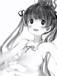  1girl :d anquette-chan_(nanashi) bare_shoulders blush bright_pupils cat dress greyscale hair_ribbon highres long_hair looking_at_viewer monochrome nanashi_(nlo) open_mouth original ribbon simple_background smile solo sundress twintails upper_body white_background 