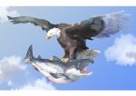  animalization bald_eagle bird blue_eyes blue_sky clouds eagle fish flying highres kamikoshi_sorawo nishina_toriko no_humans nro salmon_(fish) sky tears urasekai_picnic 