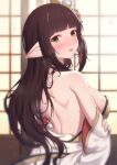  1girl back backless_outfit bangs bare_shoulders black_hair blurry blurry_background blush breasts brown_eyes commentary_request depth_of_field eyebrows_visible_through_hair from_behind hair_ornament highres japanese_clothes kimono long_hair looking_at_viewer looking_back medium_breasts minoto monster_hunter_(series) monster_hunter_rise nose_blush pointy_ears revision sideboob solo sweat tongue tongue_out uneg very_long_hair white_kimono wide_sleeves 