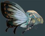  1girl aerie_(bravely_default) bare_shoulders black_footwear black_gloves black_legwear bravely_default:_flying_fairy bravely_default_(series) brown_eyes butterfly_wings dress fairy from_side full_body gloves grey_background grey_hair long_hair looking_at_viewer michelle_pao pointy_ears short_dress simple_background smile solo strapless strapless_dress thigh-highs thigh_strap white_dress wings 