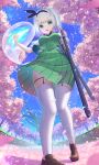  1girl :d bangs black_hairband black_ribbon blunt_bangs blush bob_cut breasts brown_footwear cherry_blossoms day eyebrows_behind_hair falling_petals fisheye foliage full_body garter_straps green_eyes green_skirt green_vest hair_ribbon hairband highres hitodama katana kiramarukou konpaku_youmu konpaku_youmu_(ghost) looking_at_viewer medium_breasts open_mouth outdoors petals pleated_skirt puffy_short_sleeves puffy_sleeves ribbon sheath sheathed short_hair short_sleeves silver_hair skirt sky smile solo standing sword thigh-highs touhou vest weapon white_legwear 