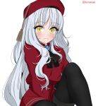  1girl bangs beret black_legwear blush breasts brooch caren_hortensia caren_hortensia_(amor_caren) dress fate/grand_order fate_(series) hat highres jewelry knee_up long_hair long_sleeves looking_at_viewer loonanese medium_breasts neck_ribbon pantyhose red_dress red_headwear ribbon sitting thighs wavy_hair white_hair yellow_eyes 