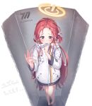  1girl bare_legs blue_archive blush commentary_request covering_mouth forehead halo highres inside_locker jacket locker long_hair looking_at_viewer redhead simple_background solo standing tears violet_eyes white_background yuzu_(blue_archive) 