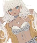  1girl :3 :d bangs bikini blue_eyes blunt_bangs blush breasts collarbone dangan_ronpa_(series) dangan_ronpa_v3:_killing_harmony dark_skin eyebrows_visible_through_hair front-tie_bikini front-tie_top hands_up highres holding holding_hair jacket jewelry long_hair looking_at_viewer navel nokoru_sora open_clothes open_jacket open_mouth shell_necklace simple_background sketch skirt small_breasts smile solo swimsuit twintails upper_body upper_teeth white_background yonaga_angie 