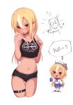  2girls :d black_choker blonde_hair chibi choker dark_skin dark-skinned_female dual_persona hair_between_eyes highres hololive leg_belt long_hair looking_at_another looking_at_viewer midriff multicolored_hair multiple_girls navel open_mouth orange_eyes pointy_ears sasaki_(glass1138) shiranui_flare short_shorts shorts simple_background sleeves_past_fingers sleeves_past_wrists smile streaked_hair virtual_youtuber white_background white_hair 
