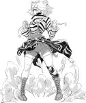  1girl animal_ear_fluff animal_ears arknights bandaged_hands bandages chain clothes_around_waist dust dust_cloud flame_print greyscale hair_over_one_eye hatching_(texture) highres jacket jacket_around_waist monochrome moto_toshi open_mouth short_hair single_thighhigh solo striped striped_clothes teeth thigh-highs 