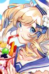  1girl barbara_pegg bird blonde_hair blue_eyes drill_hair drinking_straw duck flower food genshin_impact hair_flower hair_ornament hat highres ice_cream looking_at_viewer sailor_collar sailor_hat solo sundae toro3 twin_drills twintails 