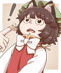  ! 1girl animal_ears bandaid bandaid_on_hand bow bowtie brown_eyes brown_hair cat_ears chen earrings fangs hat jewelry long_sleeves medium_hair mob_cap open_mouth out_of_frame outline poronegi red_vest shirt solo_focus touhou vest white_bow white_neckwear white_outline white_shirt wide-eyed 