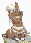  1girl absurdres barefoot bdsm bondage bound chinese_commentary cuffs dark_skin dark-skinned_female feet guangmi guilty_gear guilty_gear_xrd handcuffs highres long_hair looking_at_viewer looking_back no_bra orange_eyes platinum_blonde_hair ramlethal_valentine restrained shackles stationary_restraints tan white_hair 