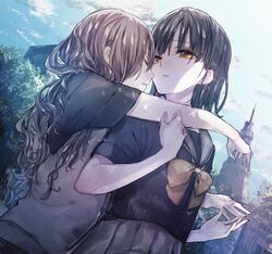  2girls black_hair black_shirt brown_hair closed_eyes clouds cloudy_sky commentary_request dappled_sunlight day dutch_angle enomoto_nao eyebrows_visible_through_hair grey_sailor_collar grey_skirt grey_sweater grey_vest hands hands_together hands_up hug hug_from_behind long_hair long_sleeves looking_at_another multiple_girls original outdoors parted_lips pleated_skirt profile sailor_collar school_uniform serafuku shirt short_sleeves skirt sky sunlight sweater sweater_vest tree vest wavy_hair yellow_eyes yuri 