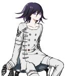  1boy bangs buttons chair checkered checkered_scarf closed_mouth collarbone dangan_ronpa_(series) dangan_ronpa_v3:_killing_harmony double-breasted hair_between_eyes highres jacket long_sleeves looking_at_viewer male_focus no_(xpxz7347) ouma_kokichi pale_skin pants purple_hair scarf scarf_removed short_hair simple_background sitting smile straitjacket violet_eyes white_jacket white_pants 