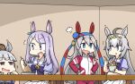  4girls ahoge animal_ears big_belly blue_eyes blush character_request commentary_request dress eating eyebrows_visible_through_hair food full_stomach grey_hair hamu_koutarou highres holding horse_ears horse_girl multiple_girls oguri_cap_(umamusume) open_mouth puffy_short_sleeves puffy_sleeves purple_hair purple_shirt sailor_collar sailor_dress school_uniform shirt short_sleeves skirt tracen_school_uniform umamusume violet_eyes white_skirt 