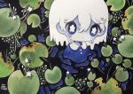  1girl blue_eyes dated expressionless hair_between_eyes highres lily_pad original plant shadow short_hair signature solo star_(symbol) tears white_hair zukky000 