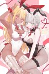  2girls :d animal_ears arm_up armpits bangs bare_shoulders between_breasts black_collar black_leotard blonde_hair braid breasts bunny_tail cake collar commentary_request dark_skin dark-skinned_female fake_animal_ears fake_tail feet_out_of_frame fishnet_legwear fishnets food fruit green_eyes highres hinamori_(18ar0) holding holding_food holding_fruit lace lace_legwear large_breasts leotard long_hair looking_at_viewer medium_breasts medium_hair multiple_girls necktie necktie_between_breasts open_mouth original pantyhose plate playboy_bunny pointy_ears rabbit_ears red_eyes red_neckwear silver_hair smile strapless strapless_leotard strawberry tail thigh-highs white_collar white_legwear white_leotard wrist_cuffs 