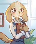  1girl :&lt; absurdres aggressive_retsuko animal_ears animal_nose artist_name blonde_hair blue_background blue_skirt blue_vest blush blush_stickers body_fur book closed_mouth collarbone collared_shirt commentary crossed_arms dog_ears dog_girl dog_tail english_commentary furry highres holding indoors inui_(aggressive_retsuko) long_sleeves looking_ahead office office_lady pencil_skirt plant shirt signature skirt skirt_set solo standing sui_(suizilla) tail upper_body vest white_shirt wide-eyed 