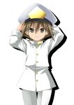  1boy adjusting_clothes adjusting_headwear brown_eyes brown_hair commentary_request epaulettes hat highres kantai_collection little_boy_admiral_(kancolle) long_sleeves looking_at_viewer military military_hat military_uniform original oversized_clothes peaked_cap rappa_(rappaya) smile solo uniform white_background 