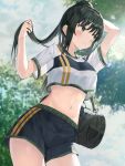  1girl adjusting_hair bag black_hair black_shorts blush closed_mouth clouds from_below green_eyes hand_in_hair hands_up highres long_hair looking_to_the_side midriff original ponytail ruda_(ruda_e) shirt short_sleeves shorts sky solo standing tree white_shirt 