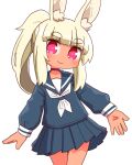  1girl animal_ear_fluff animal_ears bangs blonde_hair blue_sailor_collar blue_serafuku blue_shirt blue_skirt blunt_bangs blush closed_mouth commentary_request dark_skin dark-skinned_female eyebrows_visible_through_hair heart heart-shaped_pupils highres long_hair long_sleeves looking_at_viewer masurao_(sekaiju) naga_u neckerchief pink_eyes pleated_skirt ponytail rabbit_ears sailor_collar school_uniform sekaiju_no_meikyuu sekaiju_no_meikyuu_5 serafuku shirt short_eyebrows sidelocks simple_background skirt smile solo symbol-shaped_pupils thick_eyebrows very_long_hair white_background white_neckwear 