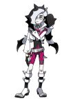  1boy asymmetrical_gloves bangs belt bike_shorts black_hair boots bracelet collar collarbone commentary_request cropped_jacket eyeshadow gloves green_eyes gym_leader highres jacket jewelry kagio_(muinyakurumi) knees long_hair long_sleeves makeup male_focus multicolored_hair number partially_fingerless_gloves piers_(pokemon) pokemon pokemon_(game) pokemon_swsh shirt simple_background solo two-tone_hair white_background white_hair white_jacket 