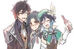  3boys ahoge androgynous armor asymmetrical_clothes bangs bead_necklace beads beret black_gloves black_hair blue_hair blush bottle bow braid brown_hair cape closed_eyes closed_mouth collared_cape collared_shirt corset detached_sleeves diamond-shaped_pupils diamond_(shape) eichi_kun english_commentary eyebrows_visible_through_hair eyeshadow flower formal frilled_sleeves frills genshin_impact gloves gradient_hair green_hair green_headwear hair_between_eyes hair_flower hair_ornament hand_on_another&#039;s_shoulder hat highres holding holding_bottle jacket jewelry leaf long_hair long_sleeves looking_at_viewer makeup male_focus multicolored_hair multiple_boys necklace necktie open_mouth orange_hair parted_bangs pendant petting red_eyeshadow shirt short_hair_with_long_locks shoulder_armor shoulder_pads shoulder_spikes sidelocks simple_background single_bare_shoulder single_detached_sleeve slit_pupils smile spikes suit symbol-shaped_pupils tassel tongue twin_braids two-tone_hair venti_(genshin_impact) white_background white_flower white_shirt xiao_(genshin_impact) yellow_eyes zhongli_(genshin_impact) 