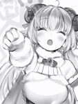  1girl :o animal_ears blush bow bowtie brooch closed_eyes curled_horns facing_viewer greyscale highres hololive horns jewelry long_hair monochrome nanashi_(nlo) sheep_ears sheep_horns smile solo tsunomaki_watame upper_body 