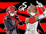  2boys adjusting_clothes adjusting_gloves akechi_gorou akechi_gorou_(cosplay) amamiya_ren amamiya_ren_(cosplay) arm_up bangs blue_eyes closed_mouth cosplay diluc_ragnvindr genshin_impact gloves hair_between_eyes high_collar index_finger_raised jacket long_hair long_sleeves male_focus mask mask_on_head multiple_boys orange_hair parody persona persona_5 ponytail red_eyes red_gloves redhead rome_romedo simple_background smile tartaglia_(genshin_impact) two-tone_background upper_body white_gloves 