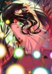  1girl :d absurdres black_hair blood blurry blurry_foreground boa_(brianoa) crazy_eyes depth_of_field full_moon hand_up highres hime_cut houraisan_kaguya long_hair long_sleeves looking_at_viewer moon open_mouth pink_shirt red_skirt ringed_eyes shirt skirt smile solo touhou wide-eyed wide_sleeves 