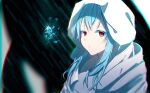  1other androgynous bangs blue_hair blurry blurry_foreground chromatic_aberration cloak closed_mouth eyebrows_visible_through_hair floating floating_object hair_between_eyes highres hood hood_up hooded_cloak long_hair looking_at_viewer red_eyes rimuru_tempest ryuusei_(kk22922332) simple_background slit_pupils solo tensei_shitara_slime_datta_ken white_cloak 