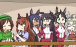  6+girls ahoge animal_ears blue_eyes blue_hair brown_eyes brown_hair carrot character_request closed_eyes cosplay dark_skin dark-skinned_female dress drooling ear_ribbon eating eyebrows_visible_through_hair food fuji_kiseki_(umamusume) green_headwear grey_hair hamu_koutarou hat hayakawa_tazuna highres hishi_amazon_(umamusume) holding horse_ears horse_girl maruzensky_(umamusume) multiple_girls narita_brian_(umamusume) necktie oguri_cap_(umamusume) open_mouth puffy_short_sleeves puffy_sleeves purple_shirt sailor_collar sailor_dress school_uniform shirt short_sleeves skirt smile table thumbs_up tracen_school_uniform umamusume white_skirt yellow_neckwear 