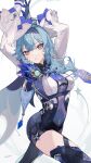  1girl absurdres arms_up blue_gloves blue_hair bodystocking breasts cape center_opening eula_(genshin_impact) feathers genshin_impact gloves hairband highres long_sleeves looking_at_viewer signature solo thigh-highs u_tnmn violet_eyes wide_sleeves 