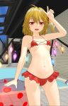  1girl 3d :d ahoge bangs bikini blonde_hair blush breasts collarbone commentary_request contrapposto cowboy_shot crystal eyebrows_behind_hair flandre_scarlet frills hair_between_eyes hand_up highres indoors innertube looking_at_viewer mikumikudance_(medium) miyo_(ranthath) navel no_hat no_headwear one_side_up open_mouth pool red_bikini red_eyes small_breasts smile solo standing swimsuit touhou v wings 