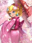  1girl blonde_hair blue_eyes cherry_blossoms earrings gonzarez highres japanese_clothes jewelry kimono looking_at_viewer super_mario_bros. pink_kimono princess_peach smile umbrella 