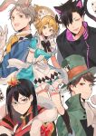  2girls 3boys :d alisa_ilinichina_amiella alisa_ilinichina_amiella_(cosplay) animal_ears black_hair black_legwear blonde_hair bow bowtie brown_eyes brown_hair card cat_boy cat_ears cat_tail clock cosplay earrings glasses gloves haikyuu!! hat jewelry joman kuroo_tetsurou looking_at_viewer mole mole_under_eye multiple_boys multiple_girls oikawa_tooru_(haikyuu!!) open_mouth pocket_watch rabbit_ears shimizu_kiyoko short_sleeves smile sugawara_koushi tail tiara top_hat watch white_gloves yachi_hitoka 