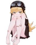  1girl bakemonogatari bangs bare_legs bare_shoulders barefoot blonde_hair eyebrows_visible_through_hair hair_between_eyes hat headwear kilkoia long_hair looking_at_viewer monogatari_(series) oshino_shinobu sitting squatting tank_top yellow_eyes 