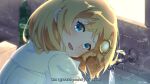  1girl bangs blonde_hair blue_eyes blush commentary_request english_text eyebrows_visible_through_hair faucet hair_ornament highres hololive hololive_english jl_tan long_sleeves looking_at_viewer monocle_hair_ornament shirt sink sky solo virtual_youtuber water watson_amelia white_shirt 