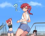  3boys arms_up ass bench black_hair black_tank_top blue_shorts blue_sky clouds cloudy_sky cowboy_shot crop_top ear_piercing highres ichiro_(ms_pigtails) itsuki_(ms_pigtails) long_hair male_focus ms_pigtails multiple_boys navel original otoko_no_ko outdoors piercing playground ponytail redhead roland_(ms_pigtails) shorts sky slide solo_focus swing_set tank_top white_tank_top 