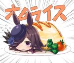  1girl animal_ears chibi emphasis_lines flower food gyokuto_b hair_flower hair_ornament hair_over_one_eye hat_over_one_eye horse_ears horse_girl light_blush long_hair omurice parsley pun rice_shower_(umamusume) solo tomato umamusume violet_eyes white_background 