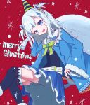  1girl bangs black_legwear bloomers blue_coat blue_eyes blue_hair blue_skirt blunt_bangs capelet christmas coat corset eyebrows_visible_through_hair fish_tail fur-trimmed_capelet fur_trim gawr_gura hair_ornament highres hikap hololive hololive_english long_hair looking_at_viewer merry_christmas multicolored_hair red_background sack shark_girl shark_hair_ornament shark_tail sharp_teeth silver_hair skirt solo streaked_hair tail teeth thigh-highs two_side_up underwear v-shaped_eyebrows virtual_youtuber wide_sleeves 